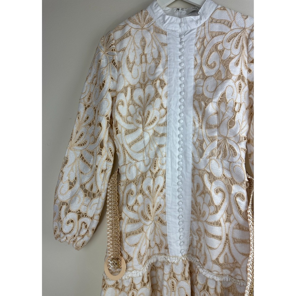 Mulla Embroidery Floral Lace Mock Neck Long Sleeve Mini Dress Ivory Belted Small - Picture 4 of 14